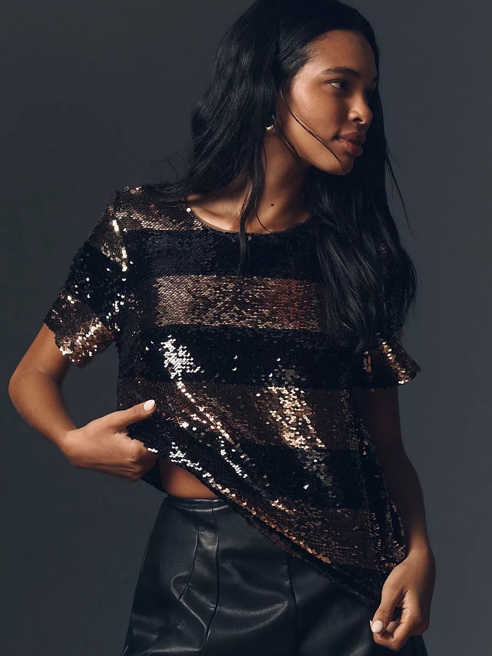 Maeve Anthropologie Bronze Gold Black Sequin Stripe Top Small